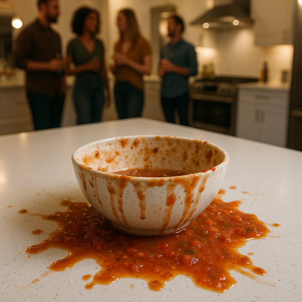 Messy traditional salsa bowl with spills and drips all around it